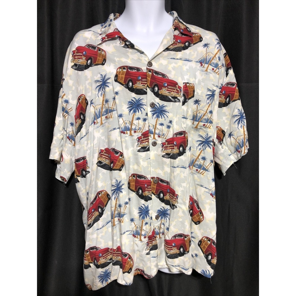 Ocean Current Hawaiian Shirt Mens XL Gray Red Woodie Car Palm Tree Rayon